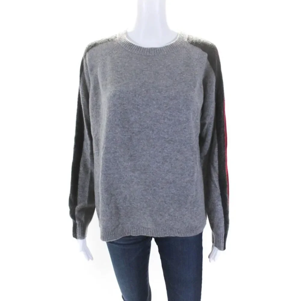 Minnie Rose Womens Pullover Striped Trim Cashmere Sweater Gray Red Size Medium